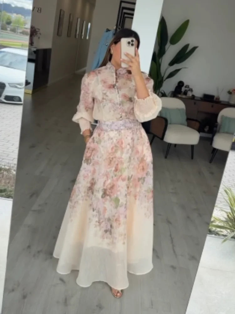 Bloemenprint Lange Rok Dames – A-lijn met Knopen, Casual Elegantie 0