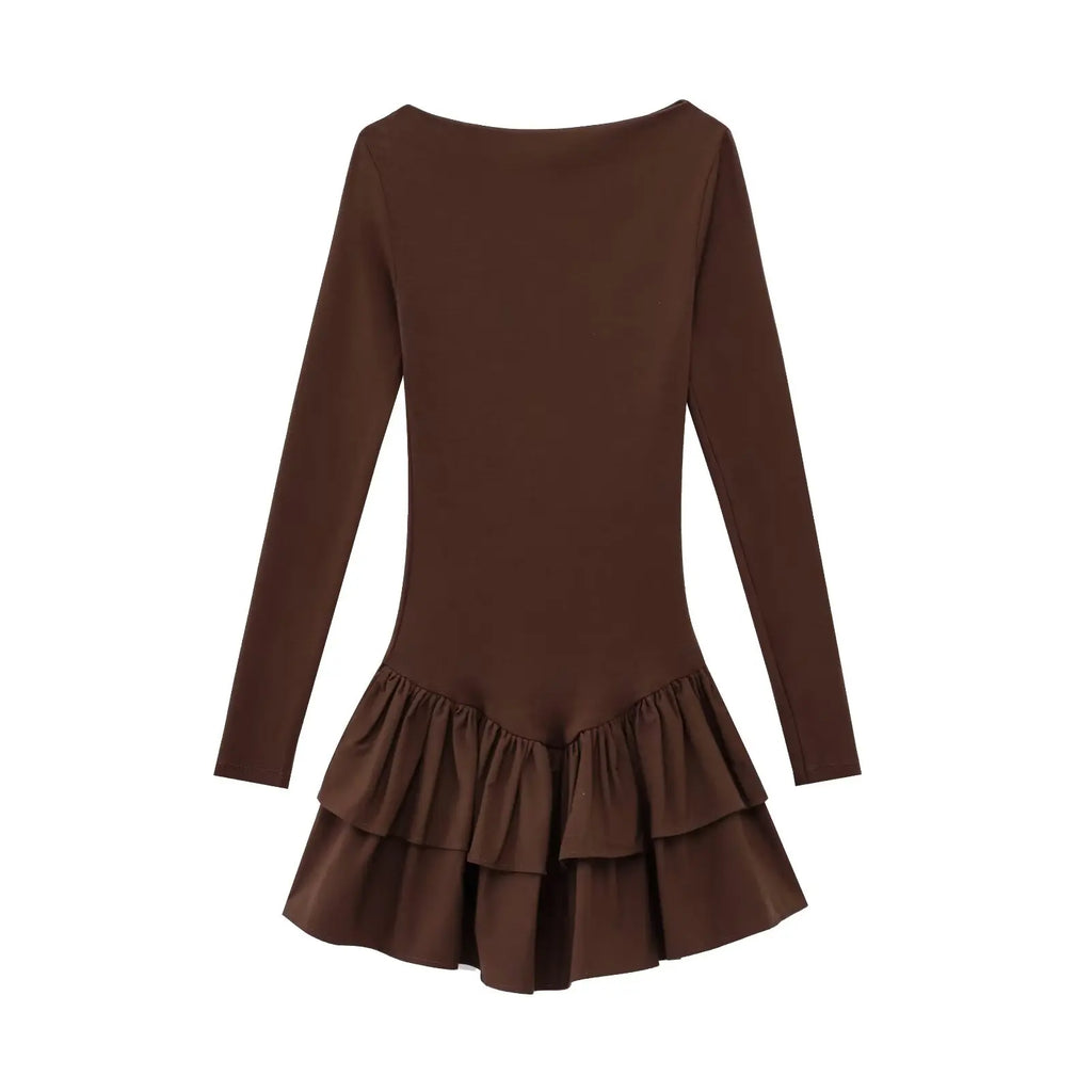 Elegante Bruine Lange Mouwen Jurk - Stretch, Casual Retro 6