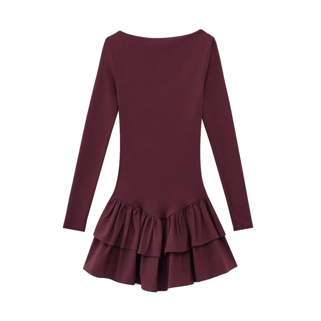 Elegante Bruine Lange Mouwen Jurk - Stretch, Casual Retro 8