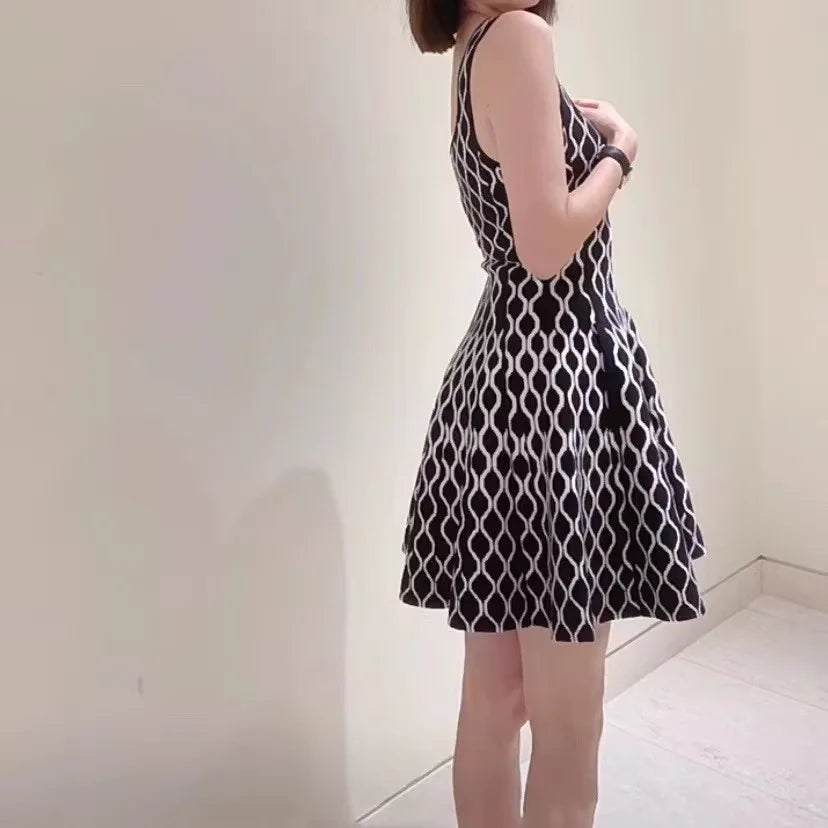 Geometrische Jacquard Jurk Dames – Hoog Taille A-Lijn, Mouwloos 0