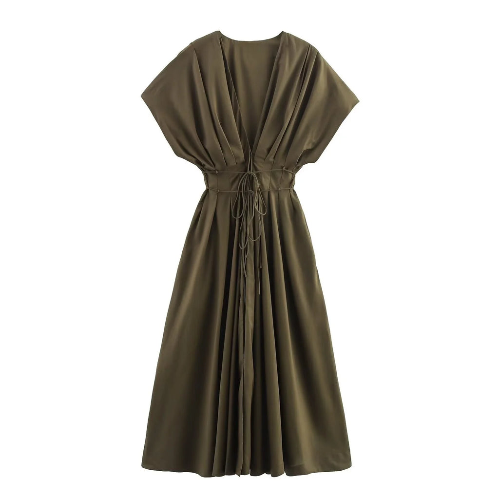 MYST&ZA2025 Dames Midi Jurk – Casual V-hals met Plissé, Perfect voor Zomer 0