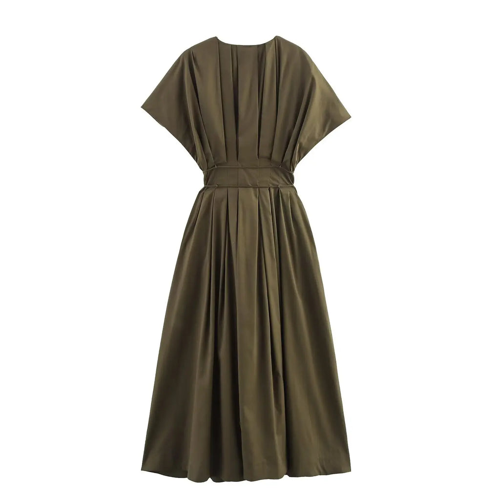 MYST&ZA2025 Dames Midi Jurk – Casual V-hals met Plissé, Perfect voor Zomer 1