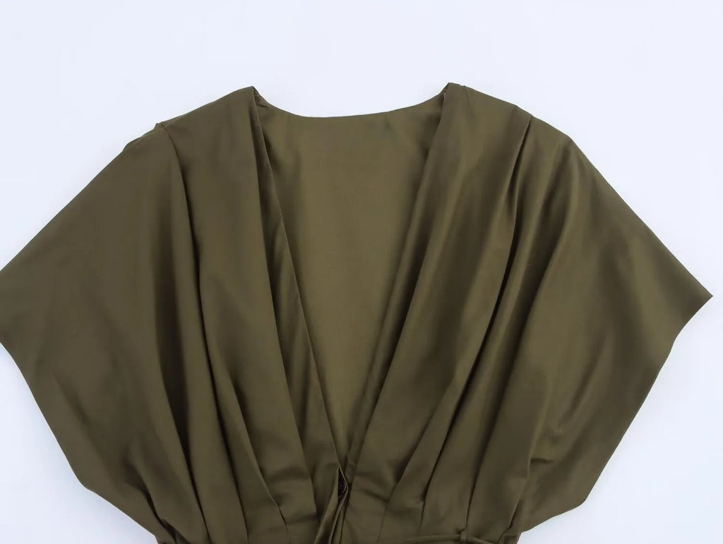 MYST&ZA2025 Dames Midi Jurk – Casual V-hals met Plissé, Perfect voor Zomer 2
