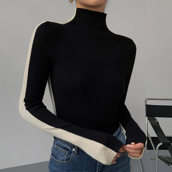 Tweekleurige Slanke Turtleneck Gebreide Trui