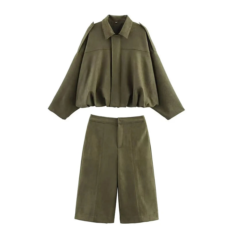 RAFZNB Dames Set - Tweedelige Set met Hoge Taille Shorts en Losse Lange Mouwen Jas 5