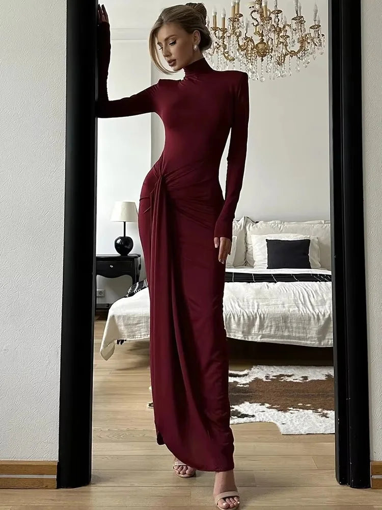 Grazia Zwarte Lange Jurk Dames | Turtleneck met Hoge Split, Maxi Jurk Lange Mouwen 6