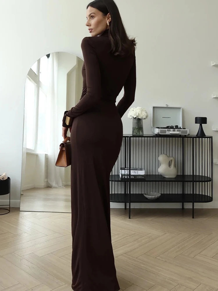 Grazia Zwarte Lange Jurk Dames | Turtleneck met Hoge Split, Maxi Jurk Lange Mouwen 2