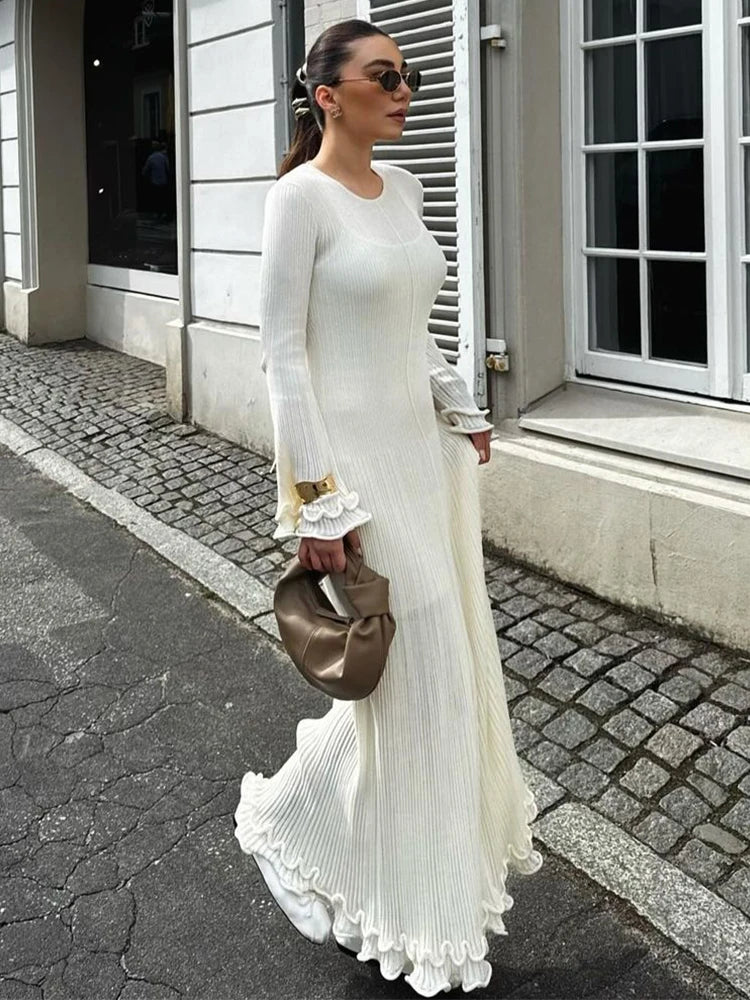 Gera Dames Lange Jurk | Rimpelzoom, Elegante O-hals, Rugloos Design 1