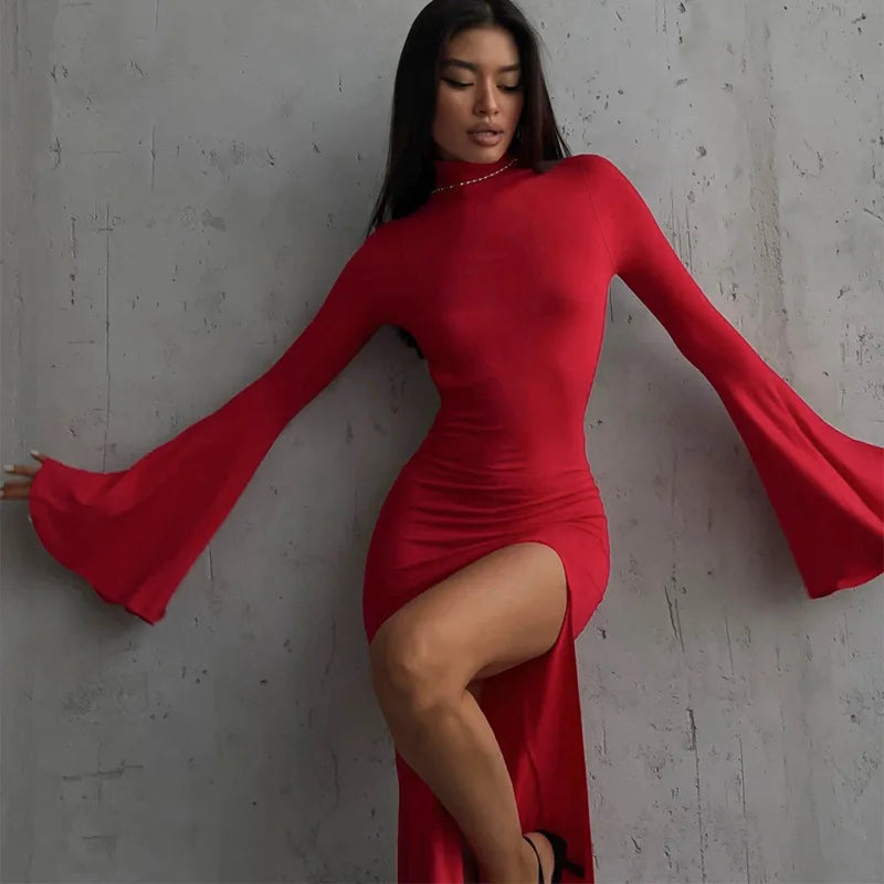 Mira Zwarte Lange Jurk Dames | Open Rug, Sexy Split, Maxi Lengte 1