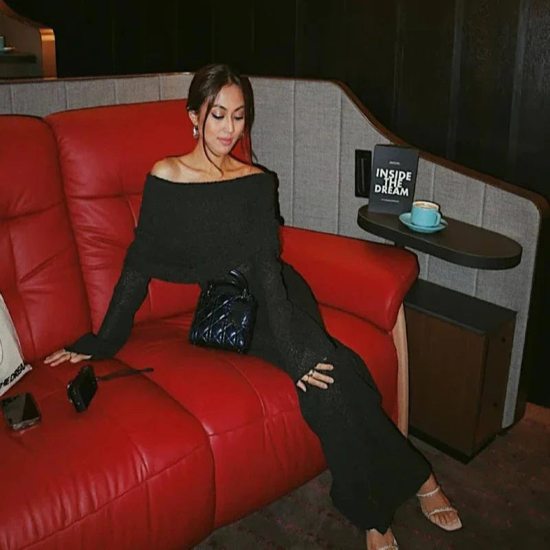 Kendra Dames Maxi Jurk | Gebreide Off-The-Shoulder met Flare Mouwen 9