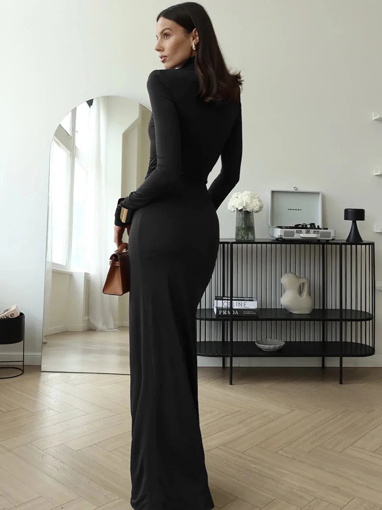 Grazia Zwarte Lange Jurk Dames | Turtleneck met Hoge Split, Maxi Jurk Lange Mouwen 3