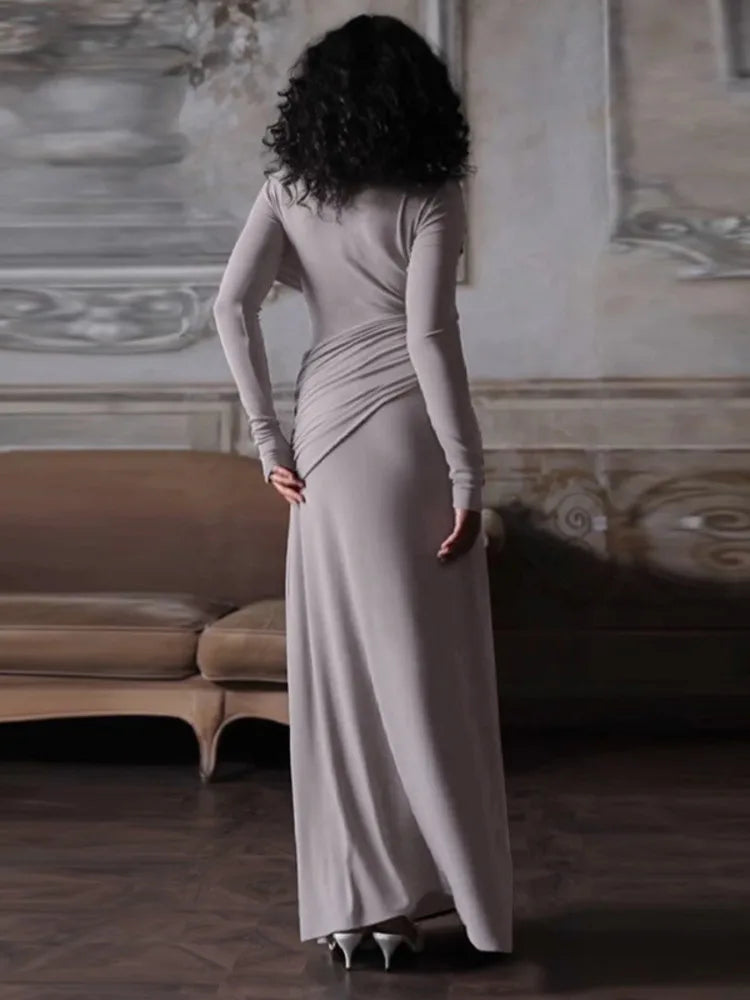 Nira Zwarte Lange Jurk Dames | Elegante O-Hals, Ruched Ontwerp, Lange Mouwen 4