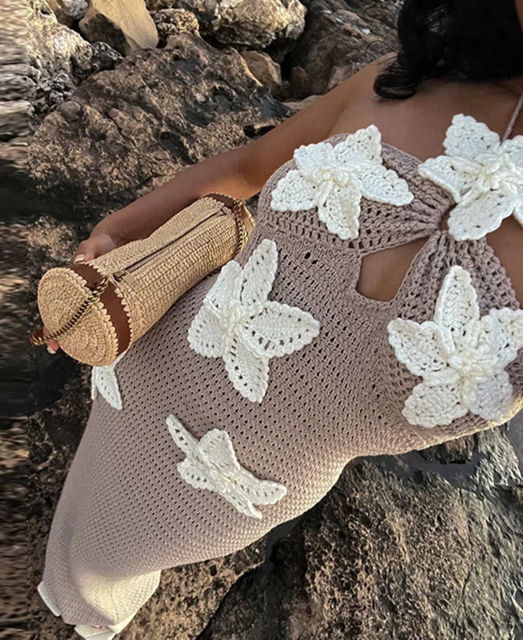 Iri Damesjurk | Gebreid Bloemdesign, Lange Halter Jurk voor Zomer 1