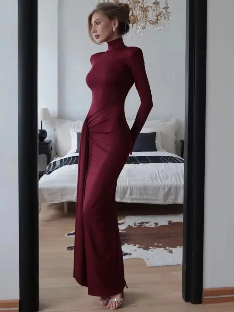 Grazia Zwarte Lange Jurk Dames | Turtleneck met Hoge Split, Maxi Jurk Lange Mouwen 7