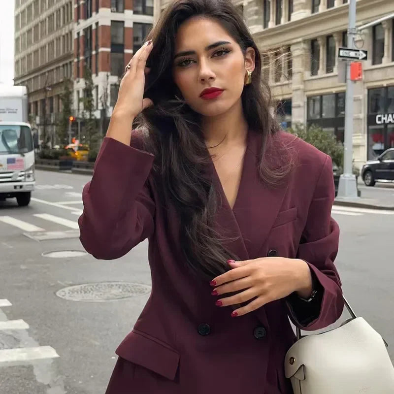 Women's Suit Burgundy Size M Polyester Tailored Blazer and Trouser Set-3