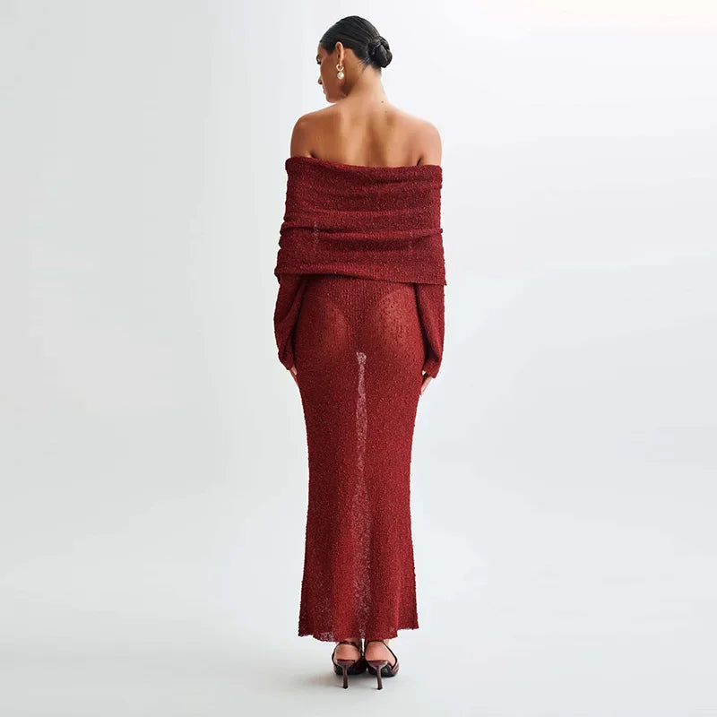 Kendra Dames Maxi Jurk | Gebreide Off-The-Shoulder met Flare Mouwen 11