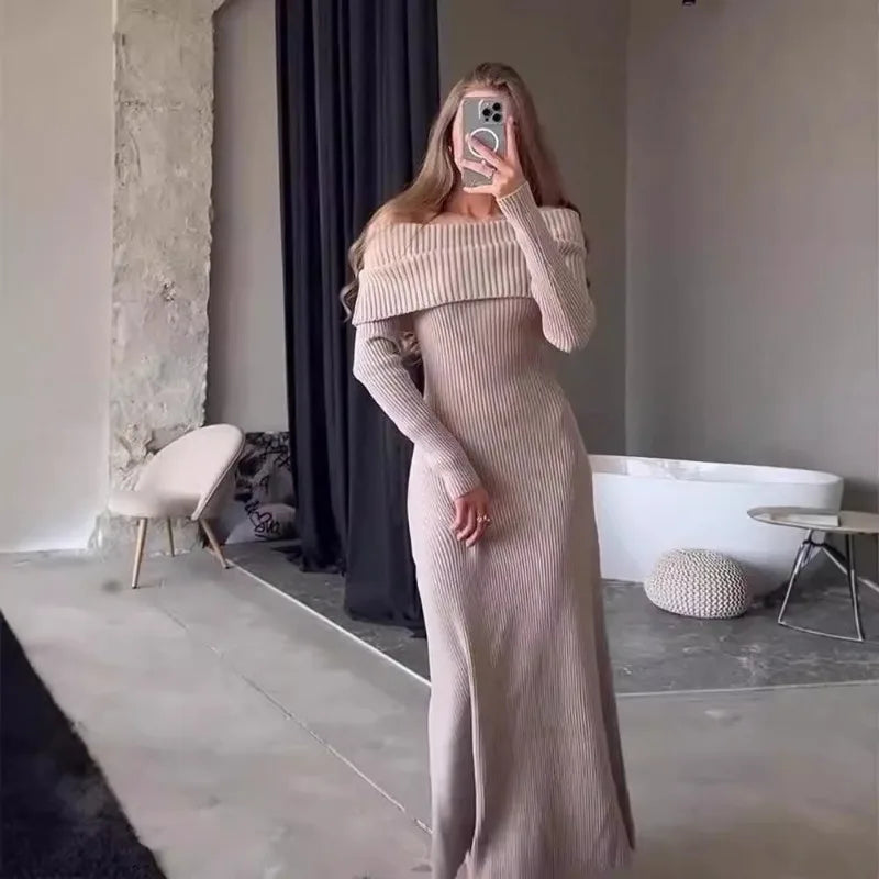 Jasmijn Women's Maxi Dress | Zachte Gebreide Stof, Off-Shoulder Design 9