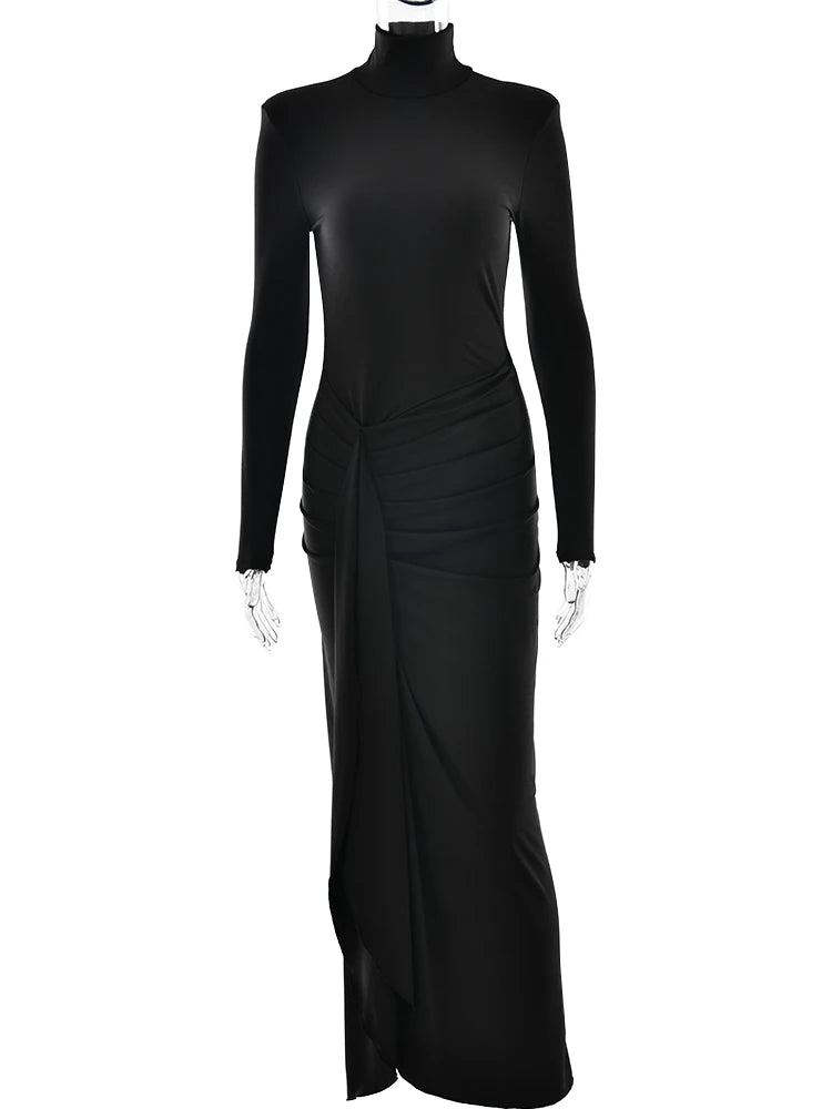 Grazia Zwarte Lange Jurk Dames | Turtleneck met Hoge Split, Maxi Jurk Lange Mouwen 4