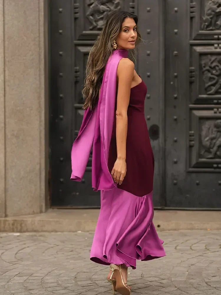 Timo Dames Midi Jurk | Elegant Spliced Design met Sjaalkraag 5