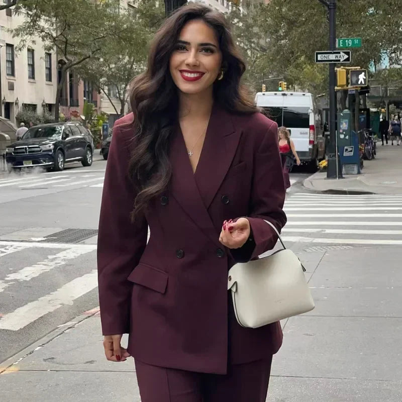 Women's Suit Burgundy Size M Polyester Tailored Blazer and Trouser Set-2