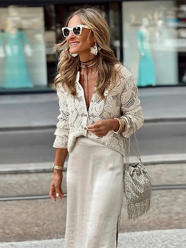 Hilda Lange Blouse Dames | Elegante Katoenmix met Haakwerk 2