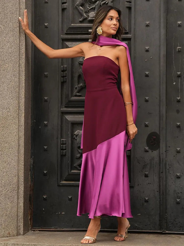 Timo Dames Midi Jurk | Elegant Spliced Design met Sjaalkraag 7
