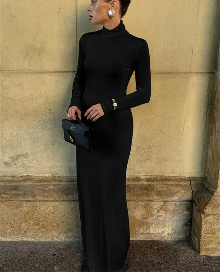 Tovia Zwarte Lange Jurk Dames | Turtleneck, Elegante Trompet-Silhouet 6