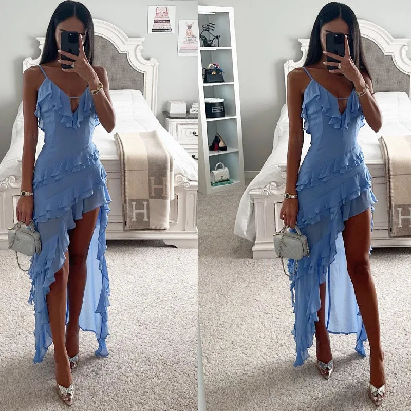 Havanna Dames Midi Jurk | Ademend Blauw, Elegant Galajurk 1