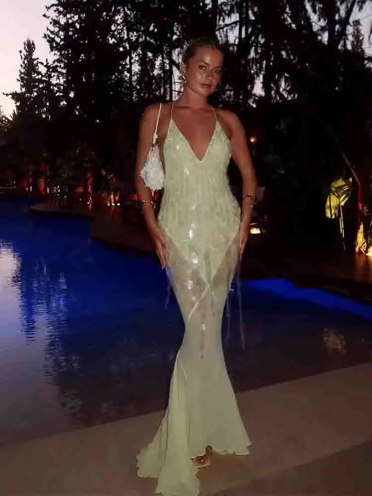 Helle Dames Maxi Jurk | Pailletten, Halterrugloos, Zomer Glamour 3