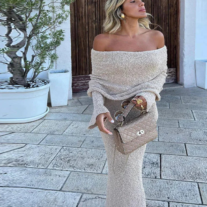 Kendra Dames Maxi Jurk | Gebreide Off-The-Shoulder met Flare Mouwen 2
