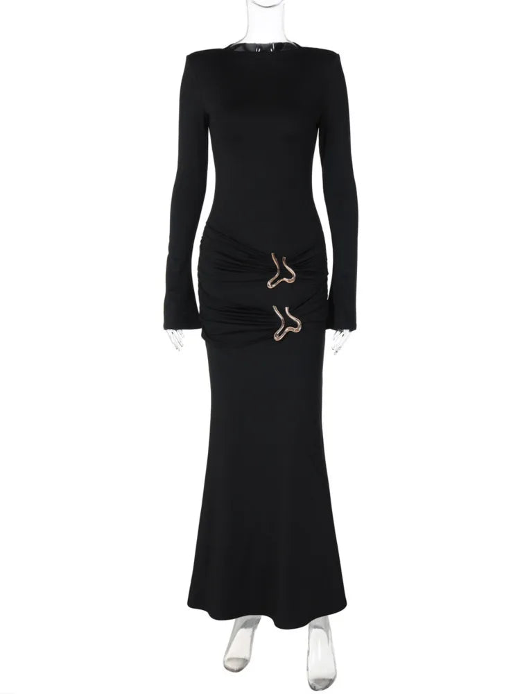 Gera Zwarte Lange Jurk Dames | Elegant O-Hals, Plooien Maxi Jurk 5
