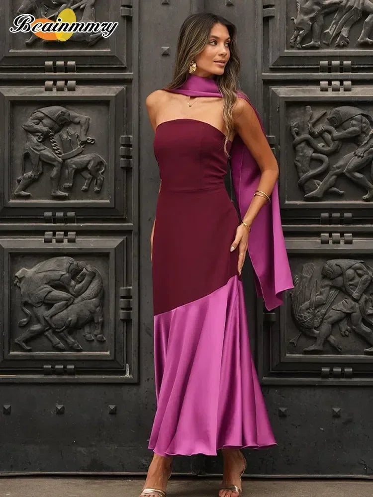 Timo Dames Midi Jurk | Elegant Spliced Design met Sjaalkraag 4