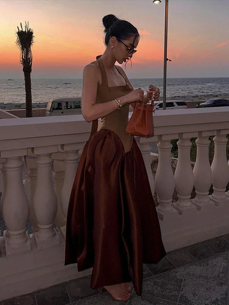 Elegant Black Halter Neck Dress for Women - Vintage Patchwork Summer Wedding Guest Cocktail Dress-5