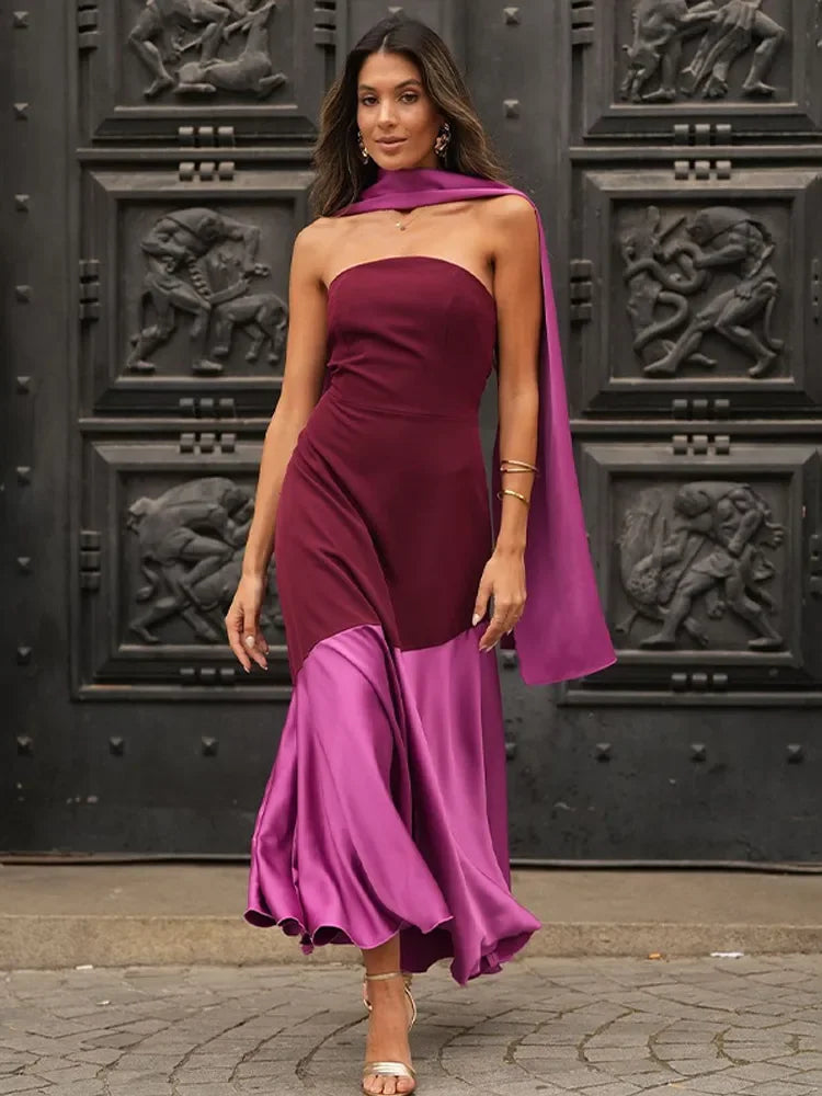Timo Dames Midi Jurk | Elegant Spliced Design met Sjaalkraag 3