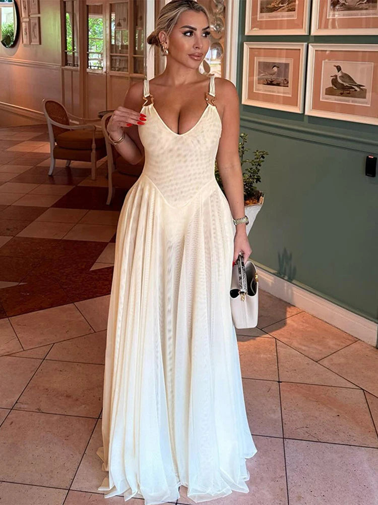 Jasmijn Dames Maxi Jurk | Mesh met Metalen Gesp, Elegante Lange Zomerjurk 6