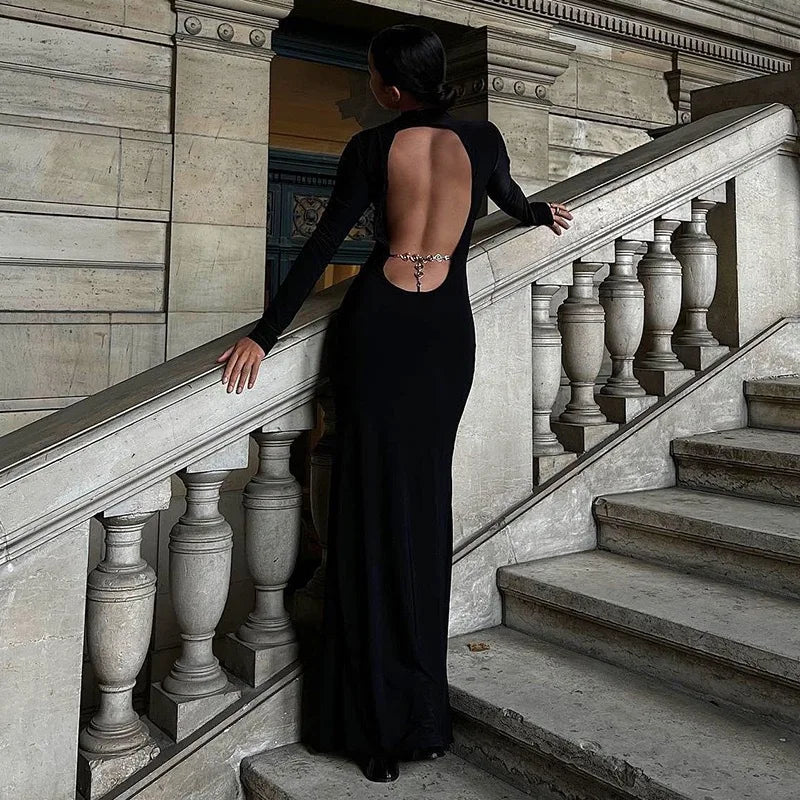 Hilda Dames Zwarte Lange Jurk | Elegante Maxi Jurk met Lange Mouwen 4