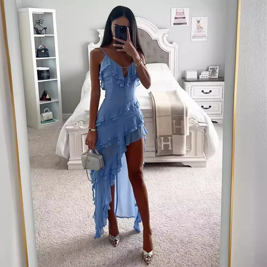 Havanna Dames Midi Jurk | Ademend Blauw, Elegant Galajurk 3