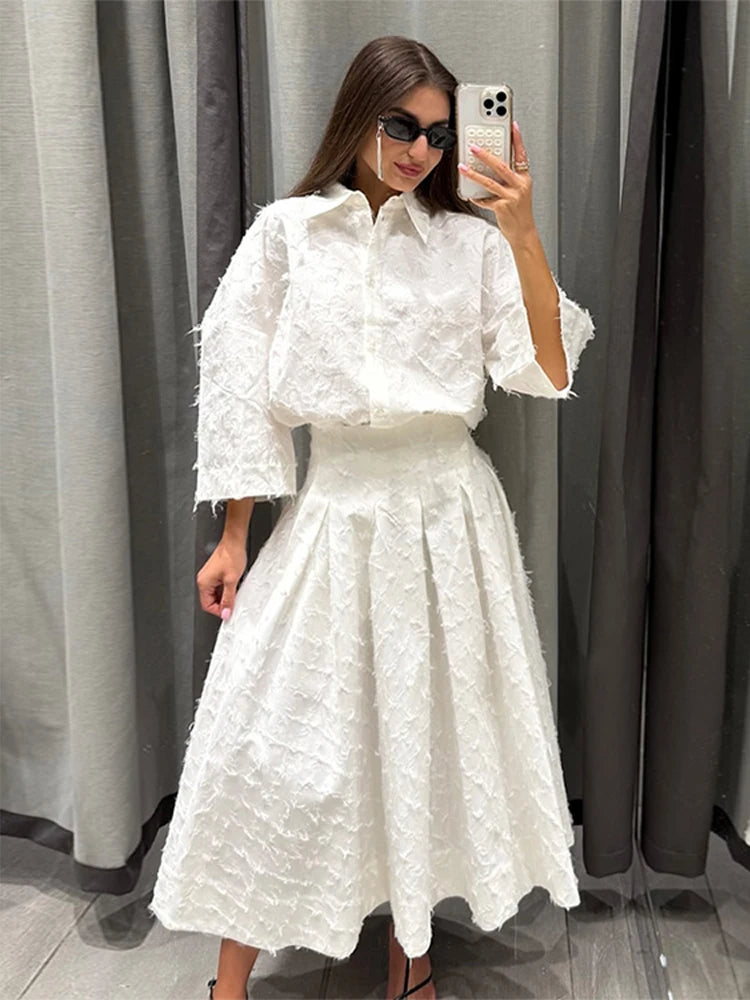Elegante Vrouwen | Hoge Taille Geplooide Lange Rok Set Met T-Shirt-5