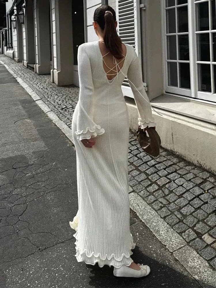 Gera Dames Lange Jurk | Rimpelzoom, Elegante O-hals, Rugloos Design 6