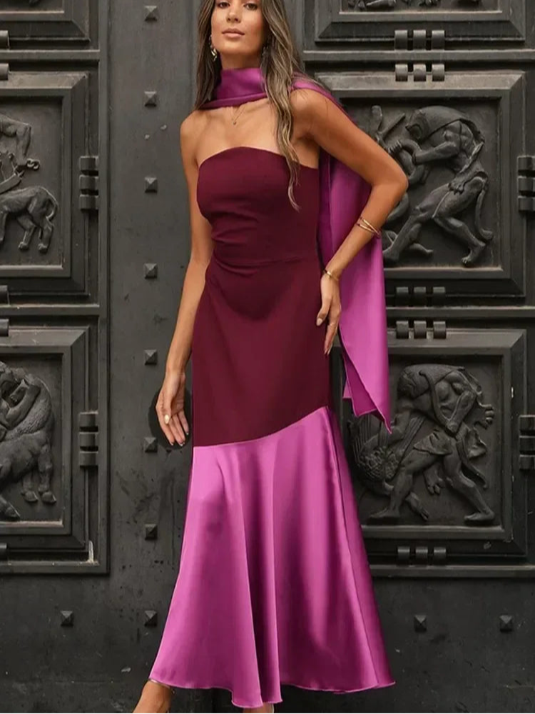 Timo Dames Midi Jurk | Elegant Spliced Design met Sjaalkraag 1