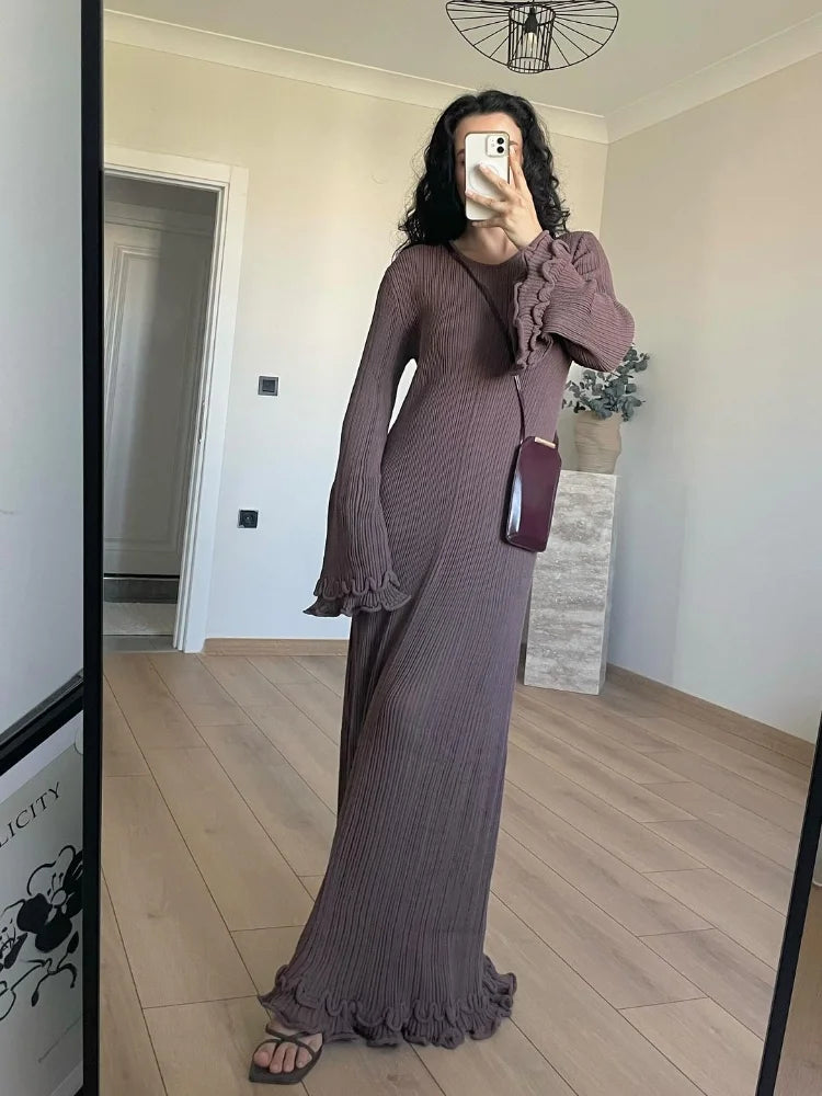 Gera Dames Lange Jurk | Rimpelzoom, Elegante O-hals, Rugloos Design 9