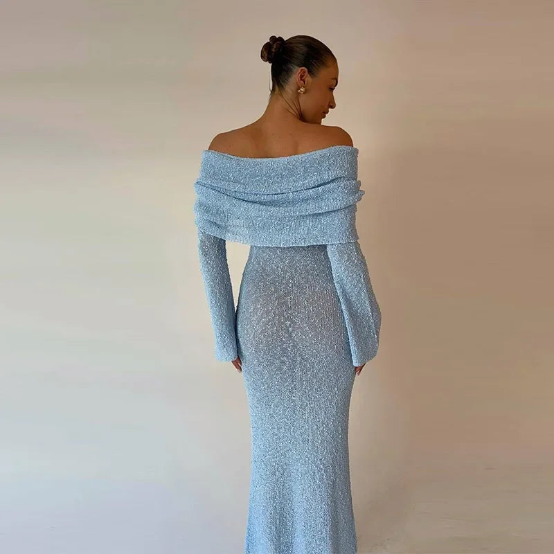 Kendra Dames Maxi Jurk | Gebreide Off-The-Shoulder met Flare Mouwen 1