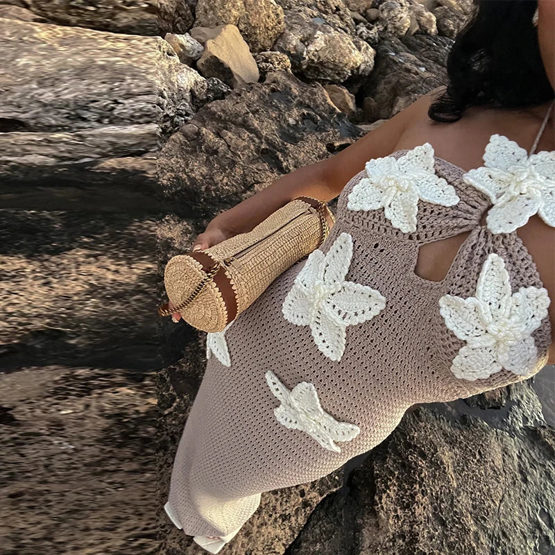Iri Damesjurk | Gebreid Bloemdesign, Lange Halter Jurk voor Zomer 3