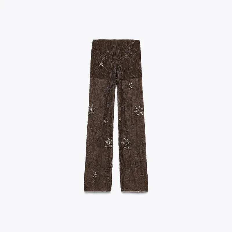 Trendy Wijde Pantalon Dames – Elastische Taille, Transparante Beading 8