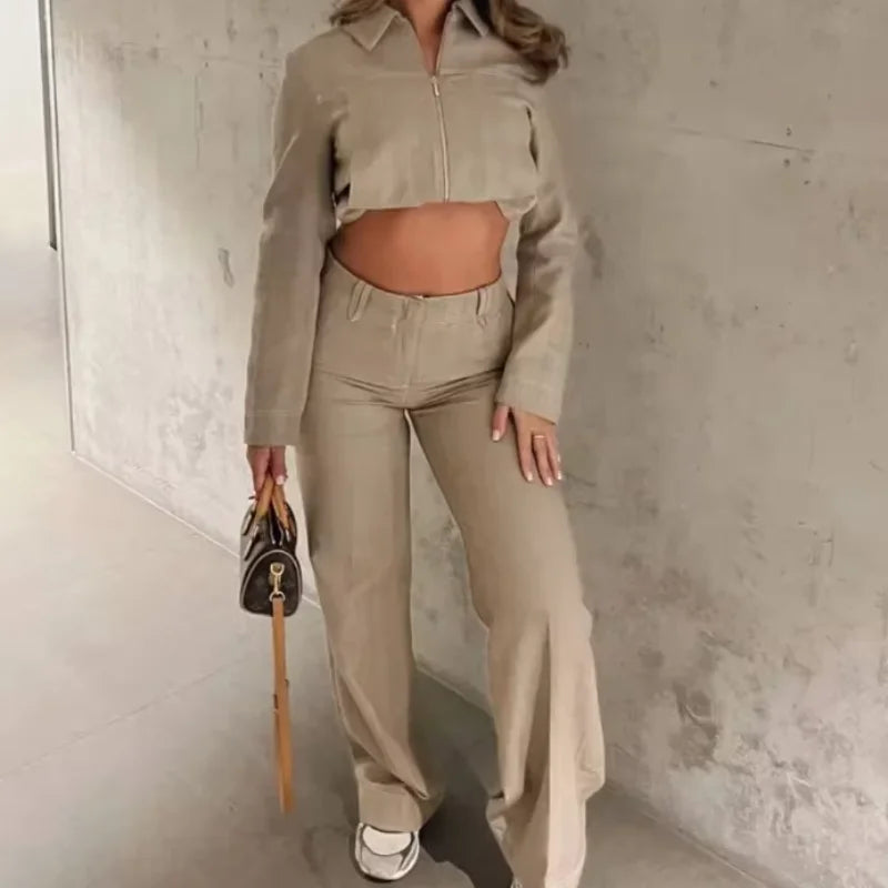 Vrouwen Casual Set - Katoen-Linnenmix met Zakken, Trendy Cropped Top en Rechte Broek 6
