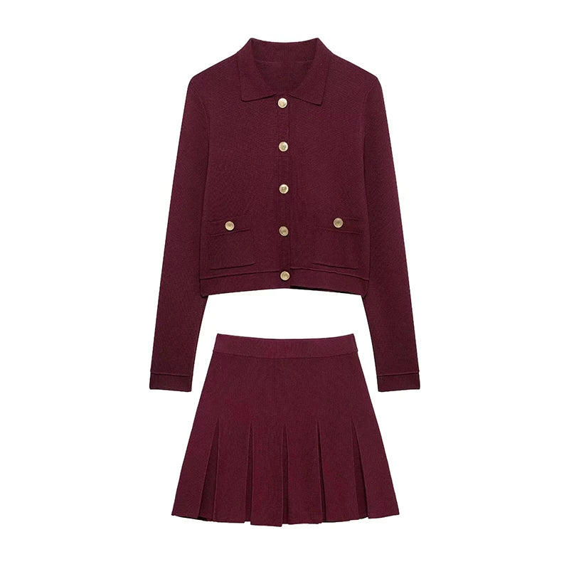 Vrouwen Gebreid Set - A-Lijn Mini Rok met Enkele Knopen, Casual Trendy 6