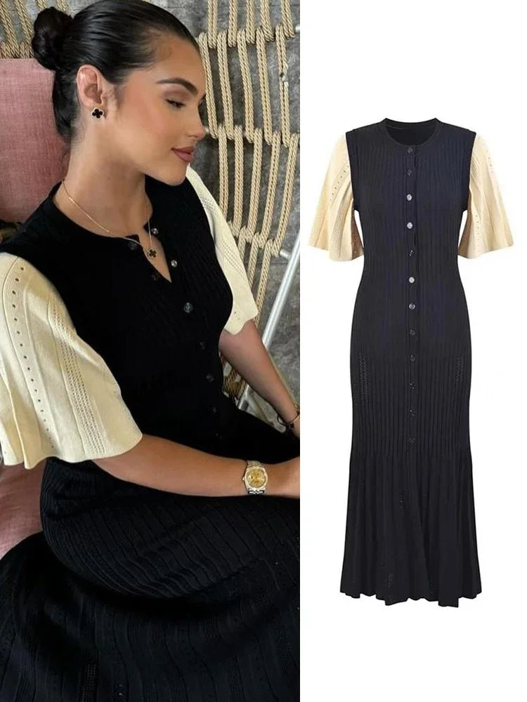 Vrouwen Maxi Jurk - Gebreid Patchwork met Korte Mouwen, Elegante Lange Zomerjurk 0