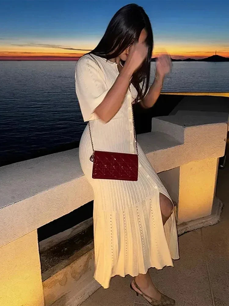 Vrouwen Maxi Jurk - Gebreid Patchwork met Korte Mouwen, Elegante Lange Zomerjurk 3