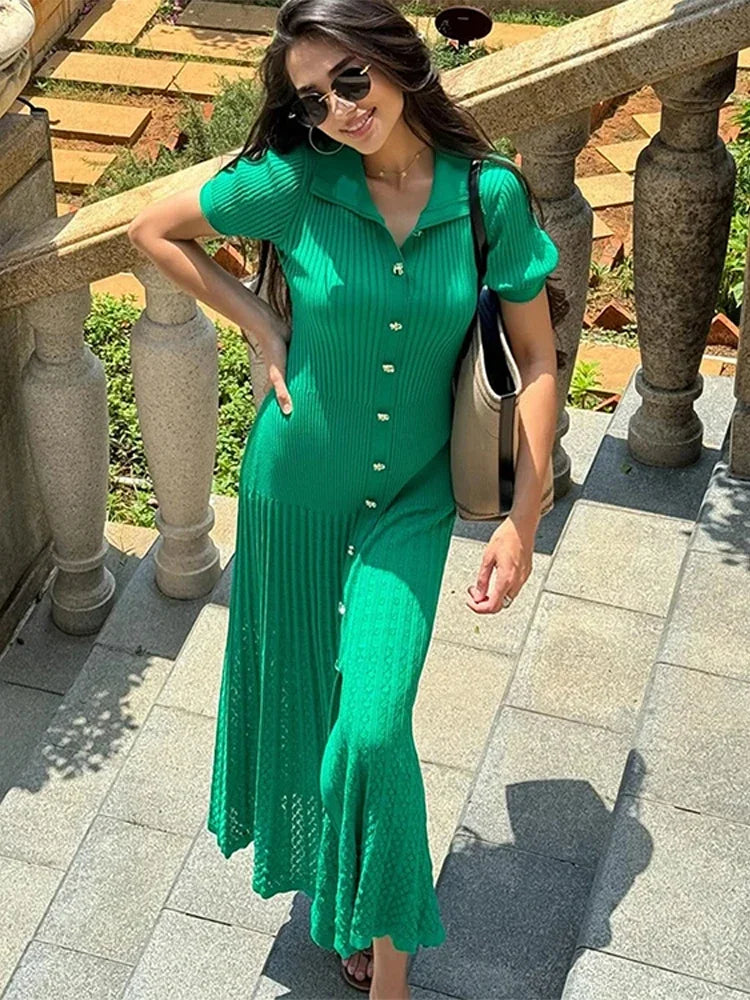 Vrouwen Maxi Jurk - Gebreid Patchwork met Korte Mouwen, Elegante Lange Zomerjurk 4