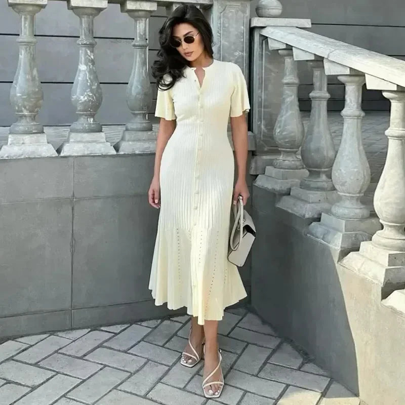 Vrouwen Maxi Jurk - Gebreid Patchwork met Korte Mouwen, Elegante Lange Zomerjurk 6